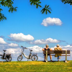 man, woman, bicycle, bike, air, sky, bench, peace, nature, people, couple